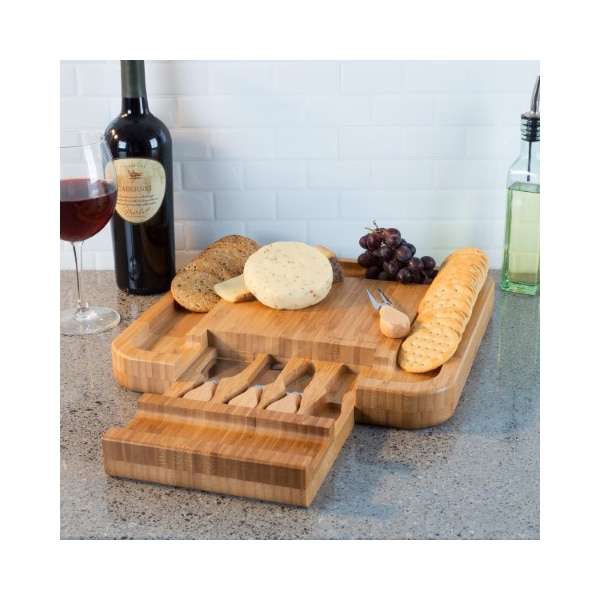 Hastings Home Bamboo Cheese Serving Tray with 4 Piece Stainless Steel Cutlery Set and Storage, Charcuterie Board 590915WWY - main